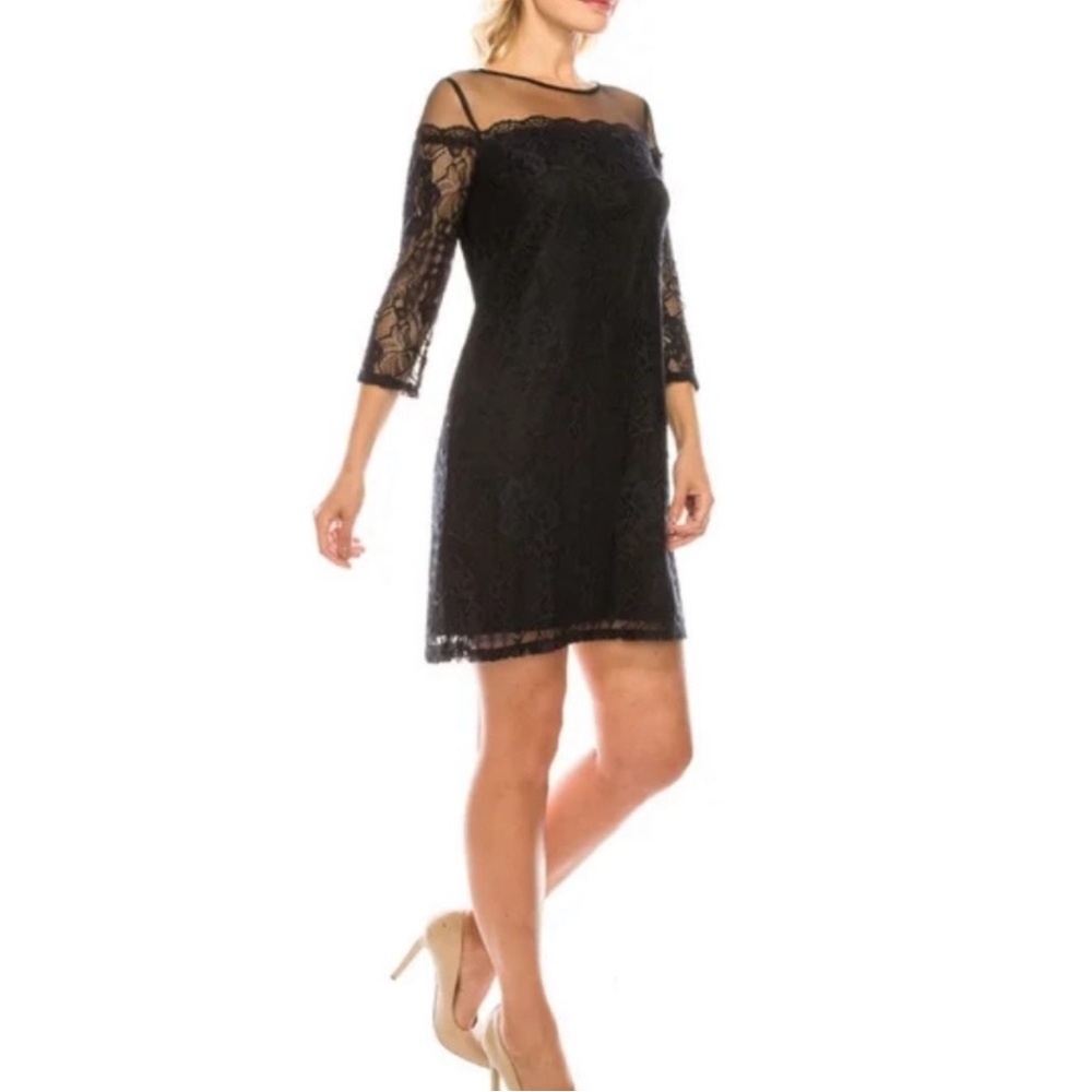 Adrianna Papell black and navy Adele lace shift dress